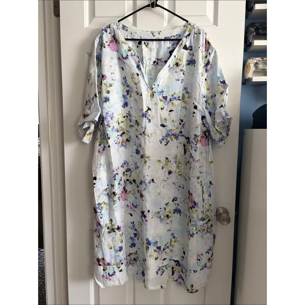 J. Jill Love Linen Floral Multicolor Breathable Midi Dress Pockets Size 4X NWOT